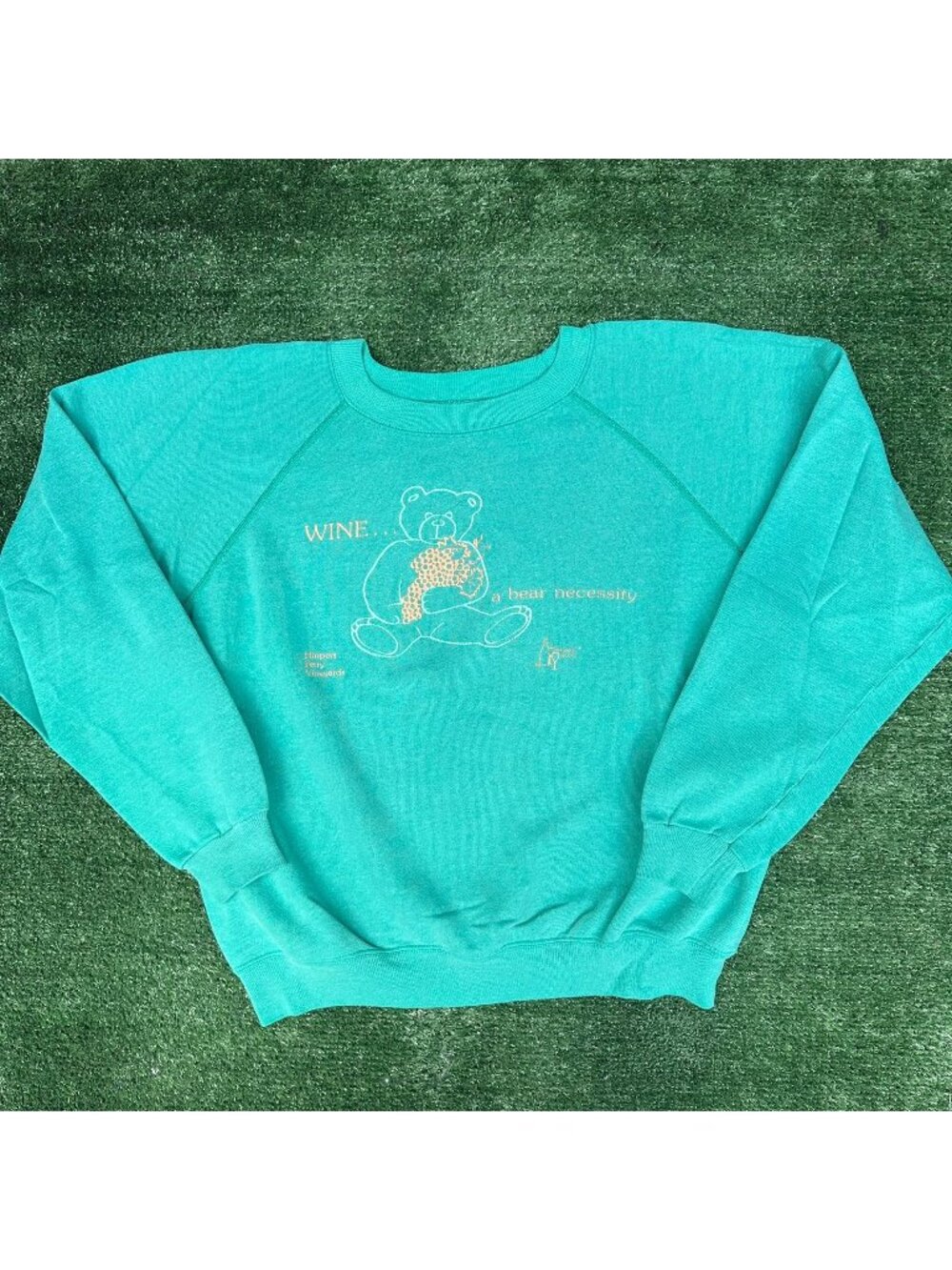 Vintage 80s Wine Teddy Bear Vineyard Sweatshirt Turquoise L Grandma Cottage Cute